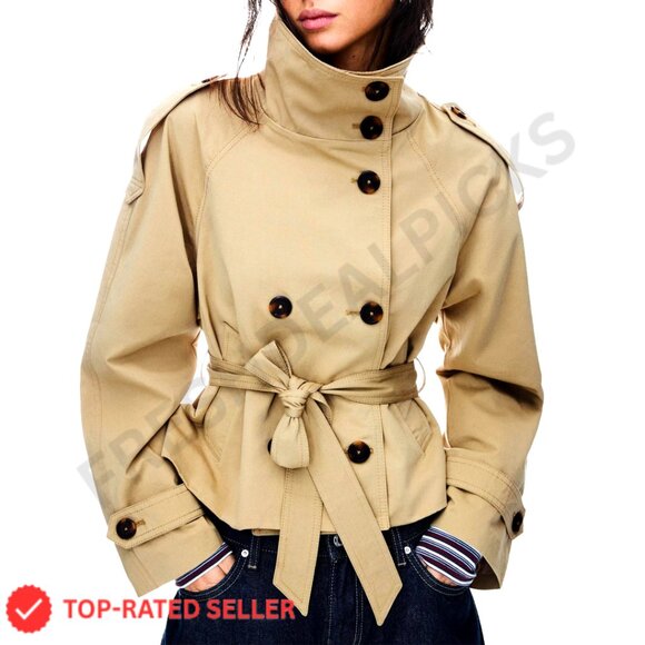 Cropped Trench Coat Double Breasted Short Jacket High Collar Belted
